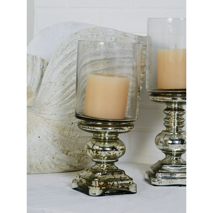 DecMode Silver Glass Handmade Turned Style Pillar Hurricane Lamp with Faux Mercury Glass Finish