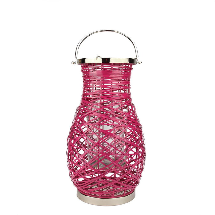 Northlight 16.25" Modern Fuchsia Pink Decorative Woven Iron Pillar Candle Lantern with Glass