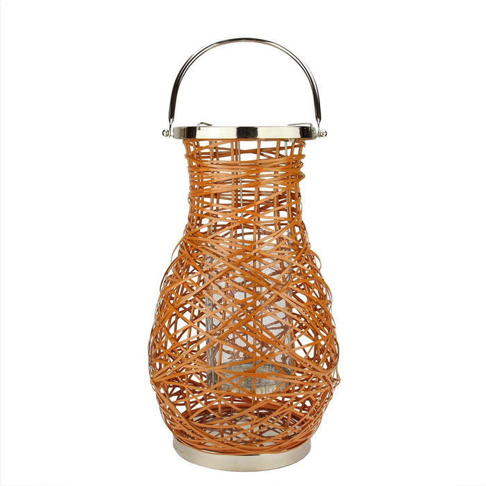 Northlight 18.5" Modern Orange Decorative Woven Iron Pillar Candle Lantern with Glass Hurricane