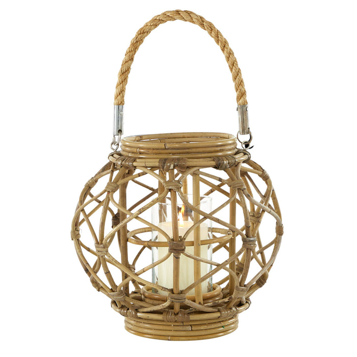 Decmode Round Brown Woven Rattan Lantern with Burlap Jute Rope Handle and Glass Insert, 13' x 10.5'