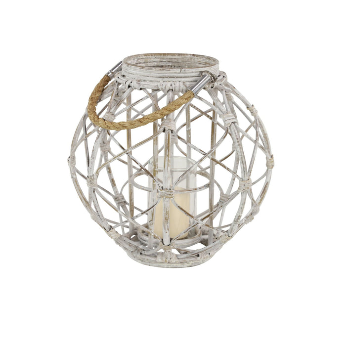 Decmode Large Round Woven Rattan White Lantern with Burlap Jute Rope Handle and Glass Insert, 15' x 15'