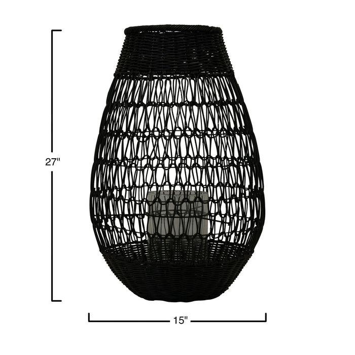 Creative Co-Op Black Rattan Lantern with Glass Insert