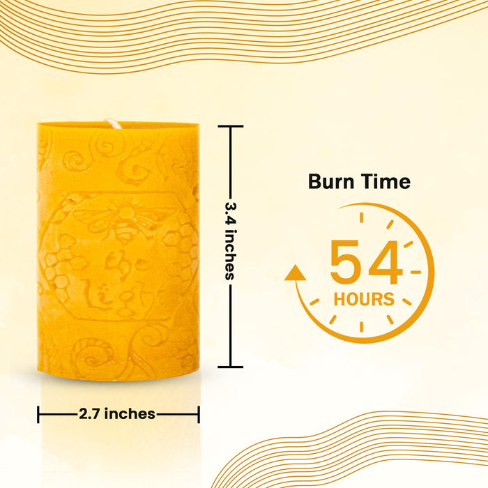 BeeTheLight Beeswax Pillar Candle (2.7" x 3.4") - Smokeless Unscented Candle - 54 Hours Burn Time - Natural & 100% Pure Beeswax Candle - Handmade Decorative Pillar Candle (Natural Yellow, Medium)