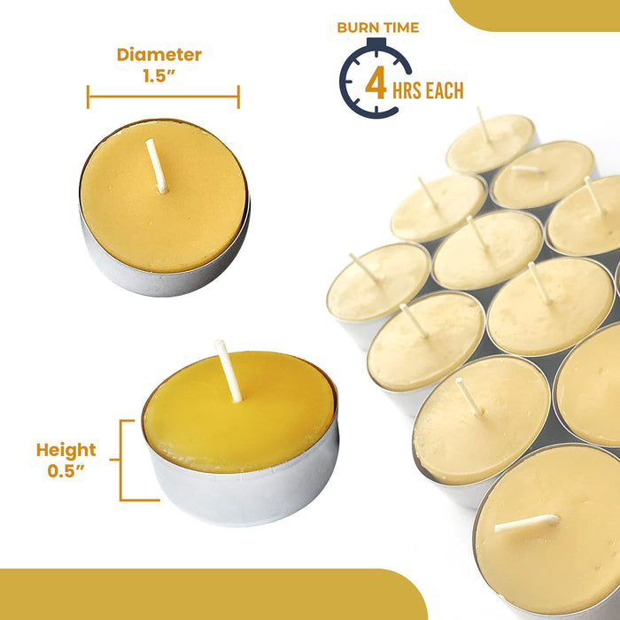 Pure Beeswax Tealights (Pack of 24) Unscented Tea Lights with Light & Natural Honey Scent - Decorative & Handmade Candles for Home, Wedding - 4 Hour Burn Time - Eco Friendly, Smokeless & Clean Burning