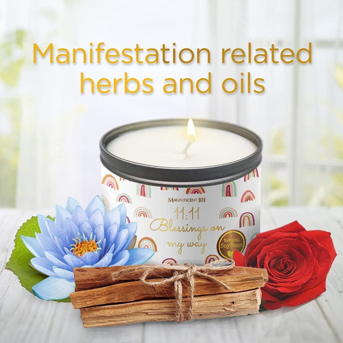 Magnificent 101 Long Lasting Affirmation Candle - 6 Oz - 30 Hour Burn | Soy Wax Tin Candle for Abundance, Gratitude, Meditation, Manifestation | Manifesting More Money Than I Can