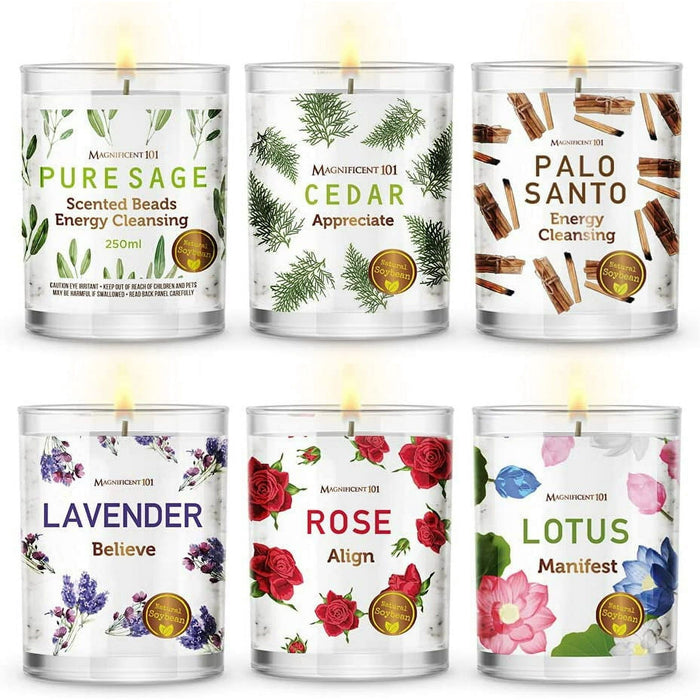 Magnificent 101 Long Lasting Manifestation Steps Set of 6 Smudge Candles 3.5 Oz Each - 84 Hour Burn | All Natural & Organic Soy Wax Candles with Cedar, Palo Santo, Pure Sage, Lotus, Rose & Lavender