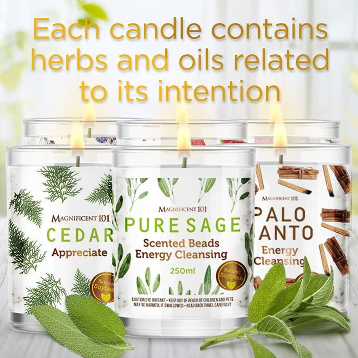 Magnificent 101 Long Lasting Manifestation Steps Set of 6 Smudge Candles 3.5 Oz Each - 84 Hour Burn | All Natural & Organic Soy Wax Candles with Cedar, Palo Santo, Pure Sage, Lotus, Rose & Lavender