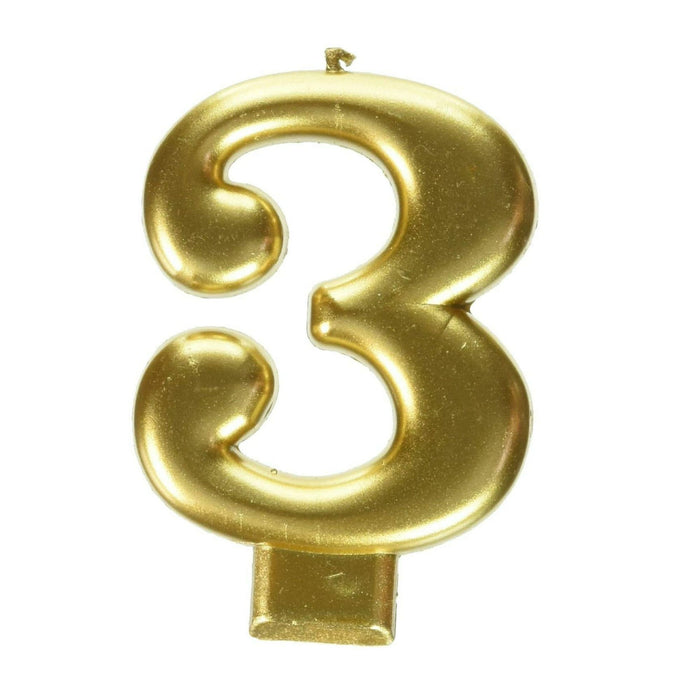 Number #3 Metallic Gold Candle - 3 1/4 Inches Tall x 2 inches Wide (unscented) (170419)