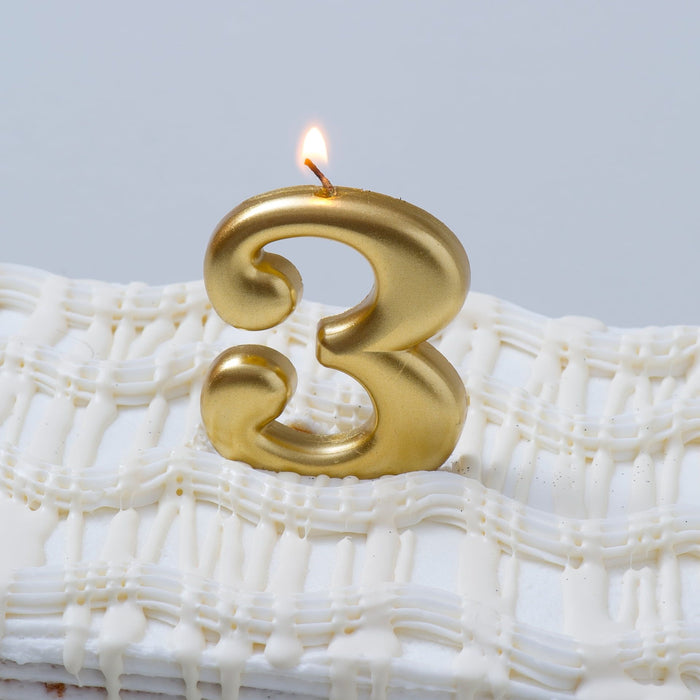 Number #3 Metallic Gold Candle - 3 1/4 Inches Tall x 2 inches Wide (unscented) (170419)