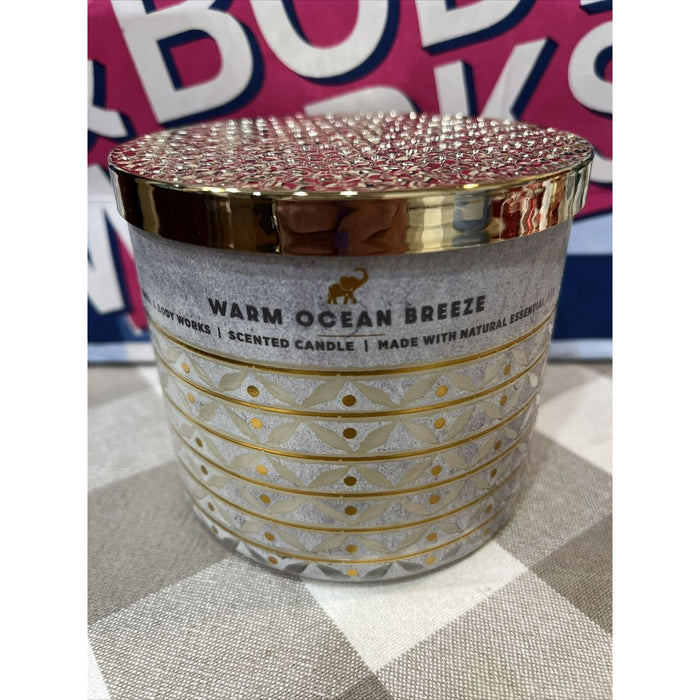 Bath & Body Works White Barn 3 WICK Candle ~ WARM OCEAN BREEZE ~ What it smells like: strolling along the pier at dusk. Fragrance notes: ocean sandalwood, warm sage, eucalyptus zest and coconut.