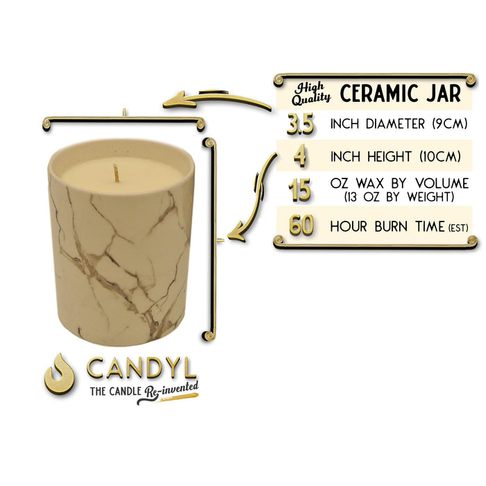 100% Soy Wax Candle in White Marble Ceramic Jar 15oz 60+ Hour