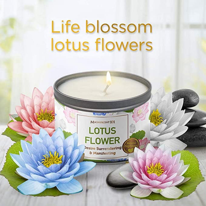 Magnificent 101 Long Lasting Lotus Flower Aromatherapy Candle | 6 Oz - 35 Hour Burn Time Paraffin Free, All Natural & Organic Soy Wax Candle for Desire Surrendering, Manifestation & Purification