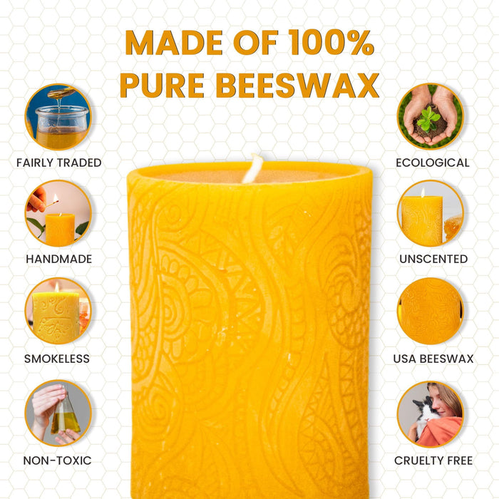 BeeTheLight Beeswax Large Pillar Candle (2.7" x 5.4") - Smokeless Unscented Candle - 72 Hours Burn Time - Natural & 100% Pure Beeswax Candle - Handmade Decorative Pillar Candle (Natural Yellow, Large)