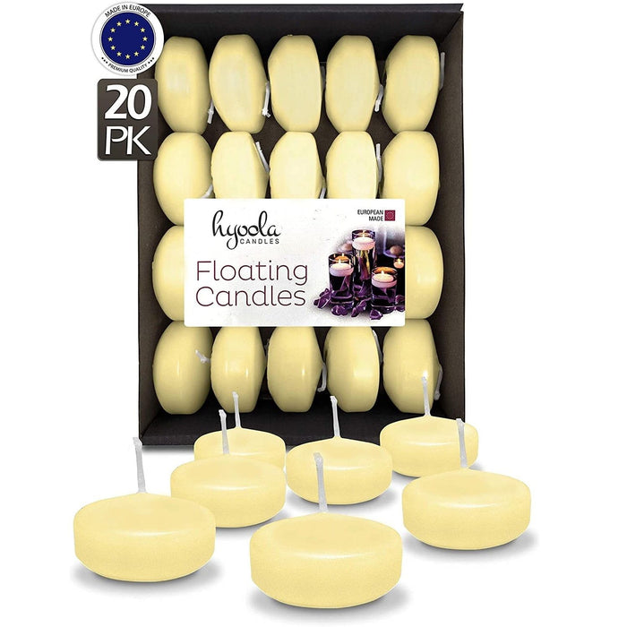 Hyoola 1.75 inch Round Unscented Ivory European Made Floating Candles, Paraffin Wax with Cotton Wicks, 20-Pack