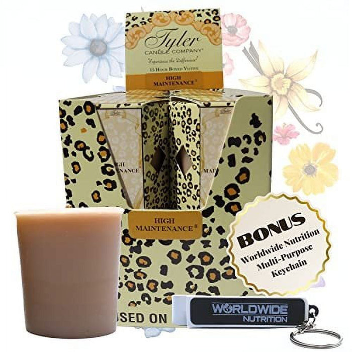 Tyler Candle Company High Maintenance Votive Candles - Luxury Scented Candle with Essential Oils - 16 Pack of 2 oz Small Candles with 15 Hour Burn Time Each - with Bonus Key Chain