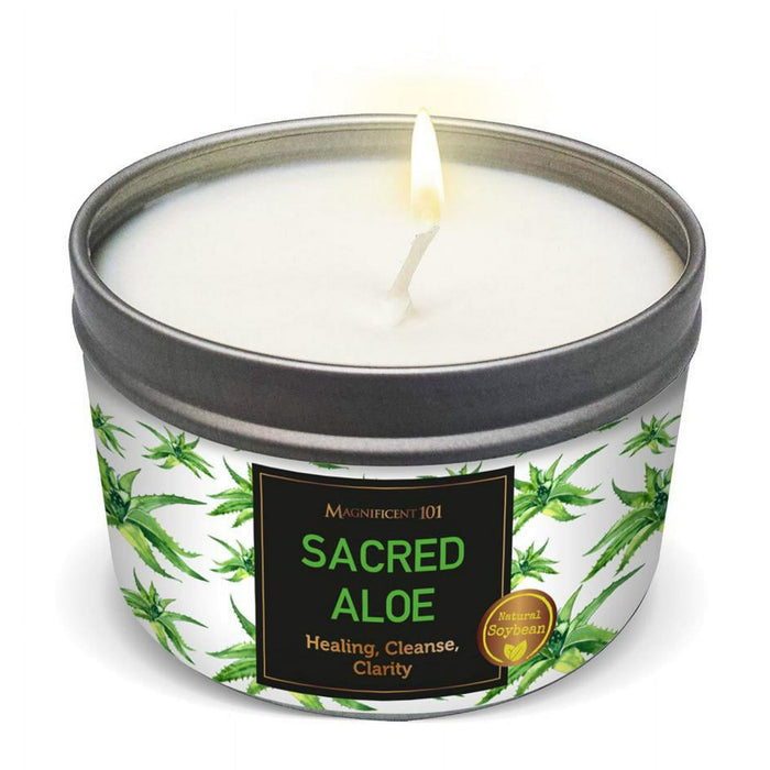 Magnificent 101 Long Lasting Sacred Aloe Scented Smudge Candle | 6 Oz - 35 Hour Burn | Soy Wax Candle for House Energy Cleansing, Purification, Manifestation & Chakra Healing | Good Vibes Only