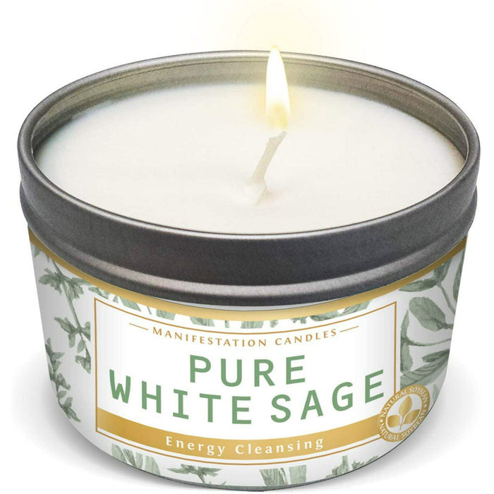 Manifestation Candles Pure White Sage Smudge Candle for House Energy Cleansing, Banishes Negative Energy I Purification and Chakra Healing - Natural Soy Wax Tin Candle