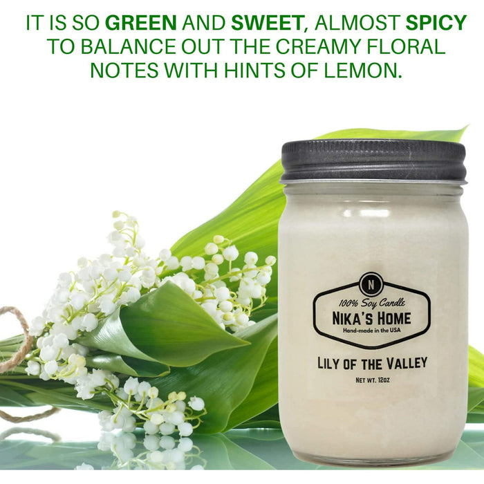 Nika's Home Lily of The Valley Soy Candle 12oz Mason Jar Non-Toxic White Soy Candle Handmade, Long Burning 50-60 Hours Highly Scented All Natural, Clean Burning Candle Gift D¨¦cor