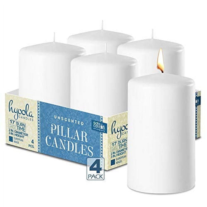 Hyoola 2 x 3 White Unscented European Made Pillar Candles, Dripless Paraffin Wax with Smokeless Cotton Wicks, 4-Pack