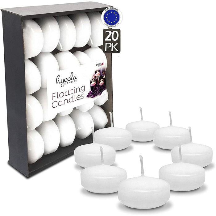 Hyoola 1.75 inch Round Unscented White European Made Floating Candles, Paraffin Wax with Cotton Wicks, 20-Pack