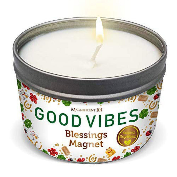 Magnificent 101 Long Lasting Good Vibes Aromatherapy Candle | 6 Oz - 35 Hour Burn | Soy Wax Candle with Sage, Bergamot & Sandalwood for Energy Cleansing, Blessing Magnet & Manifestation