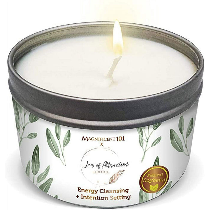 MAGNIFICENT101 Law of Attraction Tribe Pure White Sage Smudge Candle for House Energy Cleansing, Banishes Negative Energy I Purification and Chakra Healing - Natural Soy Wax Tin Candle