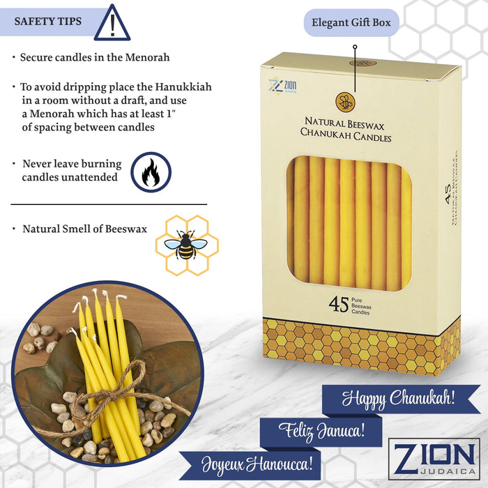 Zion Judaica Quality Natural Beeswax Hanukkah Candles Set of 45 - Standard Size Chanukah Candle 5.75" Tall - Premium Bee Wax Chanukkah Candles Fits Standard Menorahs Natures Best Bees wax Candles