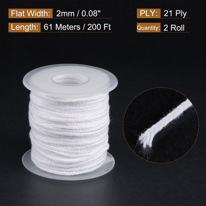 Uxcell 21 PLY 200 Ft Long 2mm Flat Wide Cotton Braided Candle Wick, 2 Pack