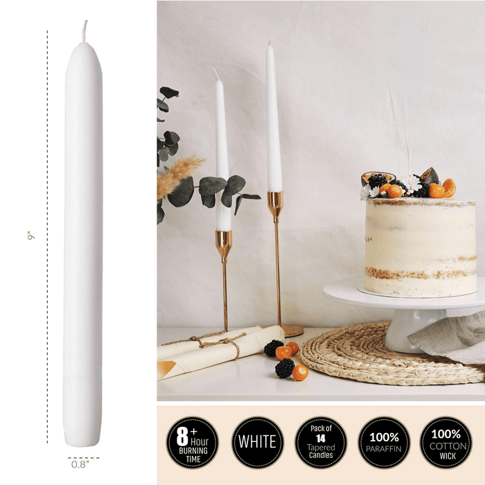 Tribello White Taper Candles, 14 Pack, 9" Unscented White Candlesticks for Home Decoration, Wedding, Holiday and Parties