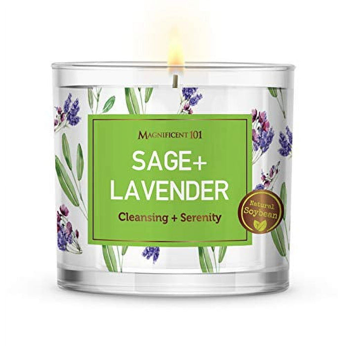 Large Sage + Lavender, Smudge Candle for House Energy Cleansing and Serenity, Banishes Negative Energy I Purification and Chakra Healing - Natural Soy Wax Glass Candle for Aromatherapy (14oz)