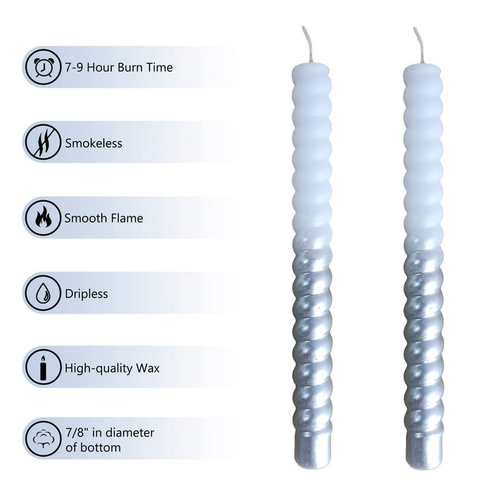 FCMSHAMD Silver Taper Candles- Dripless Spiral (2 Pack)