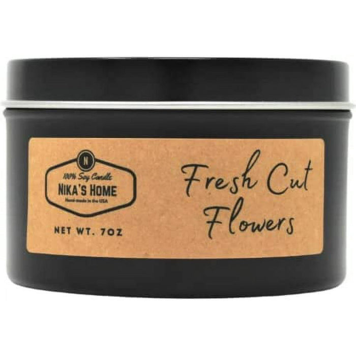 Nika's Home Fresh Cut Flowers 7oz Black Tin Soy Candle - Strong Scented and Long Lasting