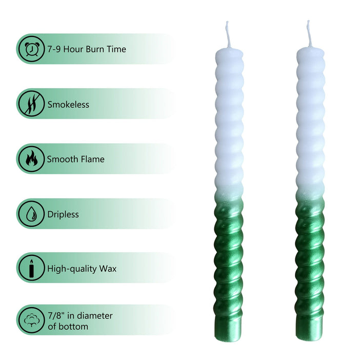 FCMSHAMD 8.46'' Green Taper Candles - Spiral Dripless (2 Pack)