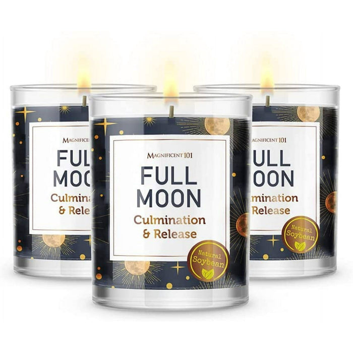 Magnificent 101 Set of 3 Long-Lasting Full Moon Aromatherapy Candles 10.5 Oz - 42-Hour Burn 100% Soy Wax, Herbs Ideal for Meditation, House Energy Cleansing & Manifestation