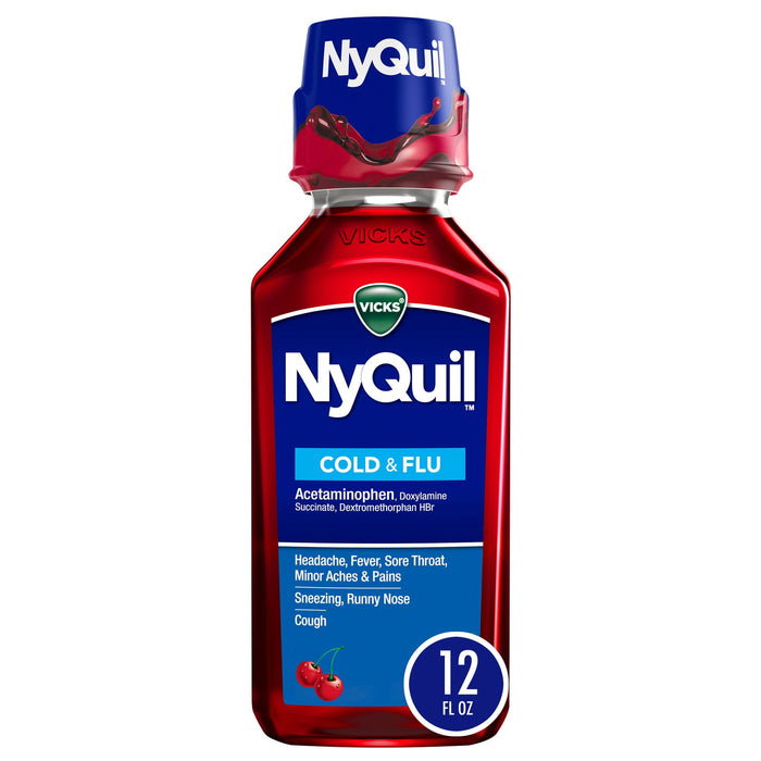 Vicks NyQuil Cold and Flu Relief Liquid Medicine, over-the-Counter Medicine, Cherry, 12 fl. oz.