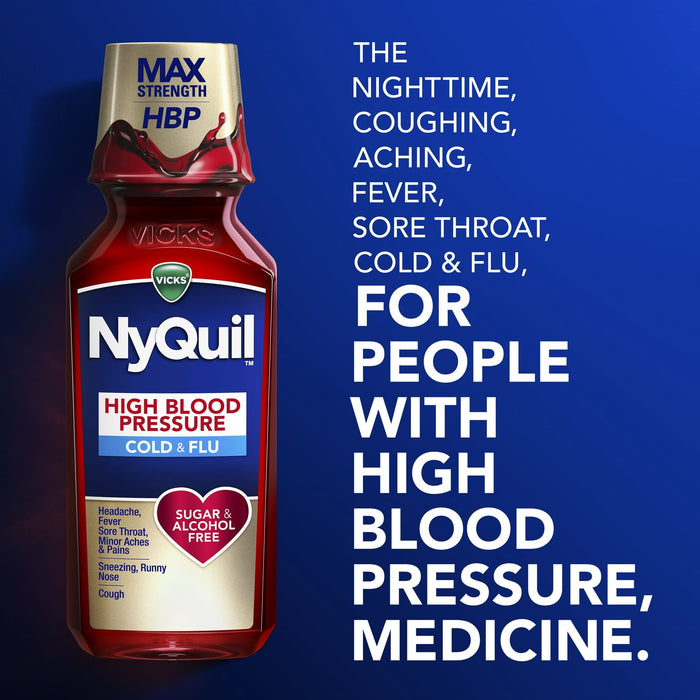 Vicks NyQuil High Blood Pressure Liquid Medicine, Cold & Flu Relief, Over-the-Counter Medicine, 8 Oz