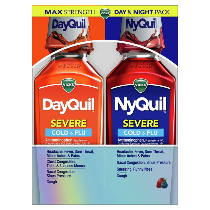 Vicks DayQuil and NyQuil Severe Cold and Flu Liquid Medicine, over-the-Counter Medicine, 2x12 fl oz