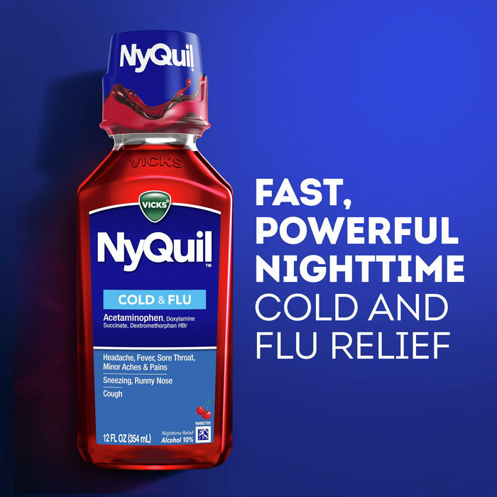 Vicks NyQuil Nighttime Cold, Cough & Flu Liquid Medicine, Over-the-Counter Medicine, Cherry, 2x12 Oz