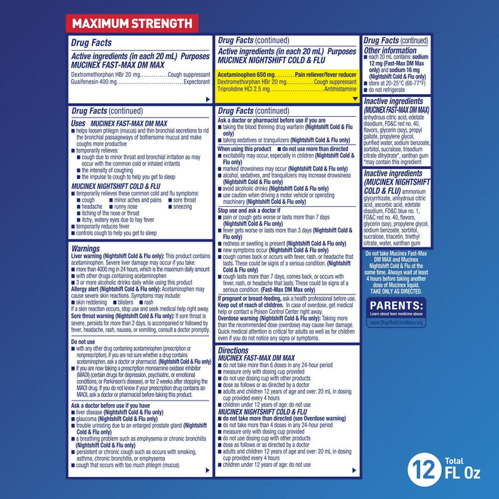 Mucinex Fast-Max DM Max & Nightshift Cold and Flu Medicine, OTC Day/Night Cough Medicine, 2x6 fl oz