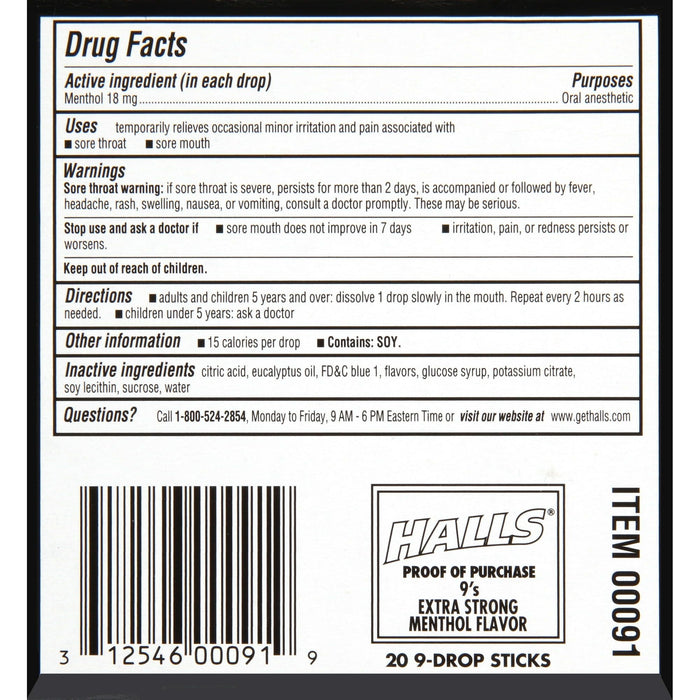 Halls Cough Drops, Extra Strong, Menthol, 9 Ct (Box of 20)