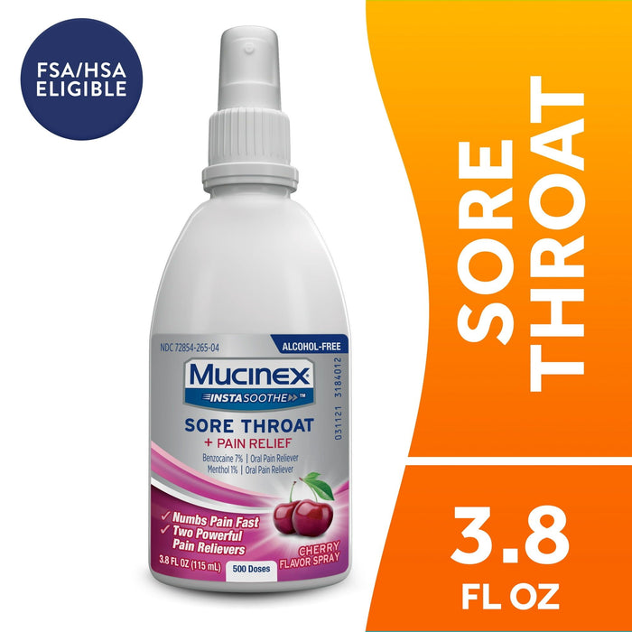 Mucinex? InstaSoothe Sore Throat + Pain Relief Sore Throat Spray. Powerful sore throat relief with soothing cherry flavor.