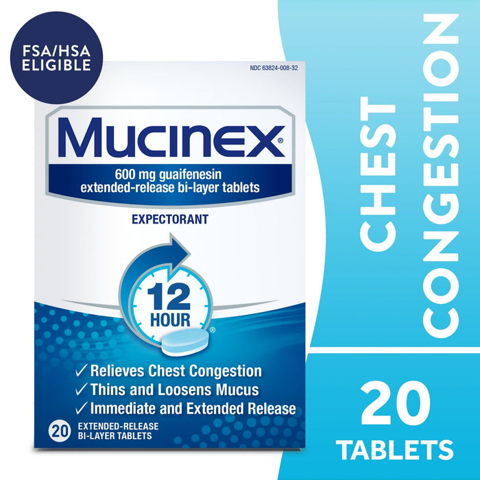 Mucinex 12 Hour Expectorant, OTC Medicine for Excess Mucus Relief, Chest Congestion, FSA, 20 Tablets