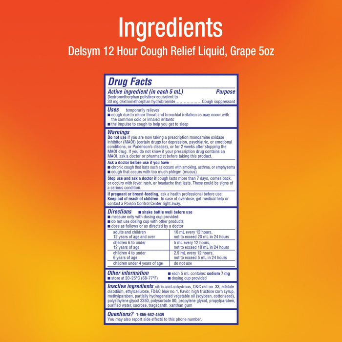 Delsym Adult 12 hour Cough Relief Medicine, Powerful Cough Relief for 12 Good Hours, Cough Suppressing Liquid, #1 Pharmacist Recommended, Grape Flavor, 5 Fl Oz