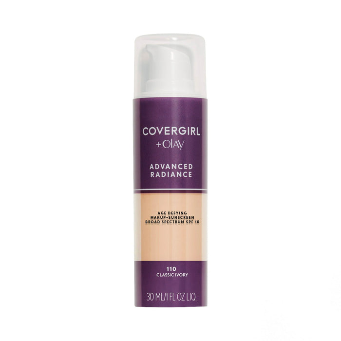 COVERGIRL Advanced Radiance Age-Defying Liquid Foundation, 110 Classic Ivory, 1 fl oz, Anti-Aging Foundation, Foundation for Wrinkles, Cruelty-Free Foundation, Age-Defying Formula, Buildable Coverage