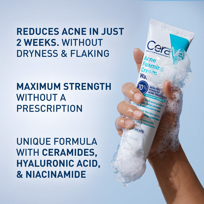 CeraVe Acne Foaming Cream Wash with 10% Benzoyl Peroxide for Face & Body, 5 oz