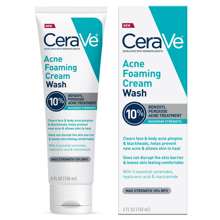 CeraVe Acne Foaming Cream Wash with 10% Benzoyl Peroxide for Face & Body, 5 oz