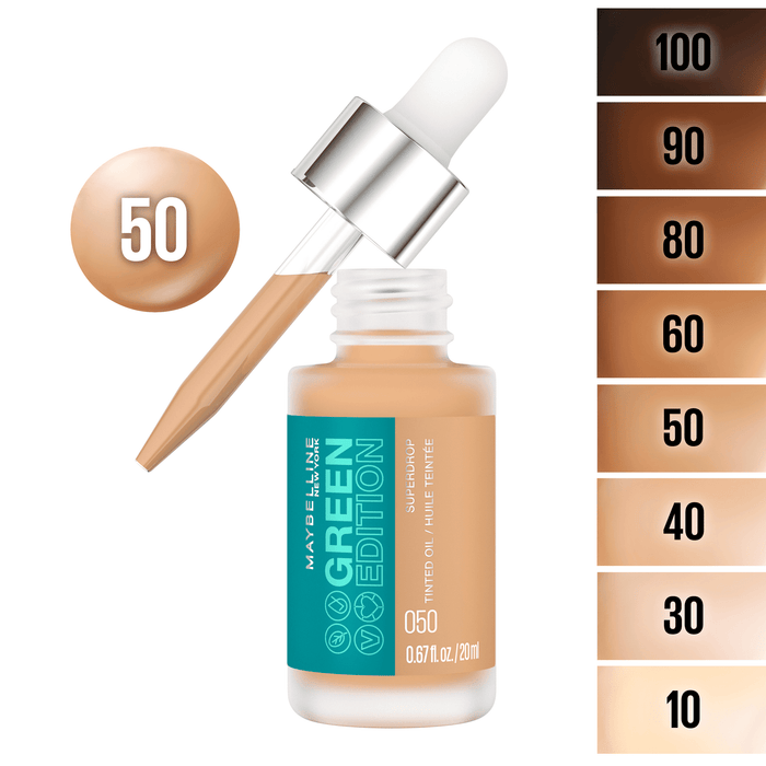 Maybelline Green Edition Superdrop Tinted Oil Makeup, Adjustable Coverage, 50, 0.67 fl oz