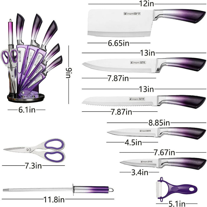 Knife Set, 9-Pieces Purple Gradient Handle Stainless Steel Chef Knife Set, Ultra Sharp Non-stick Cooking Knife Set with Acrylic Stand for Cutting Chopping Slicing Dicing