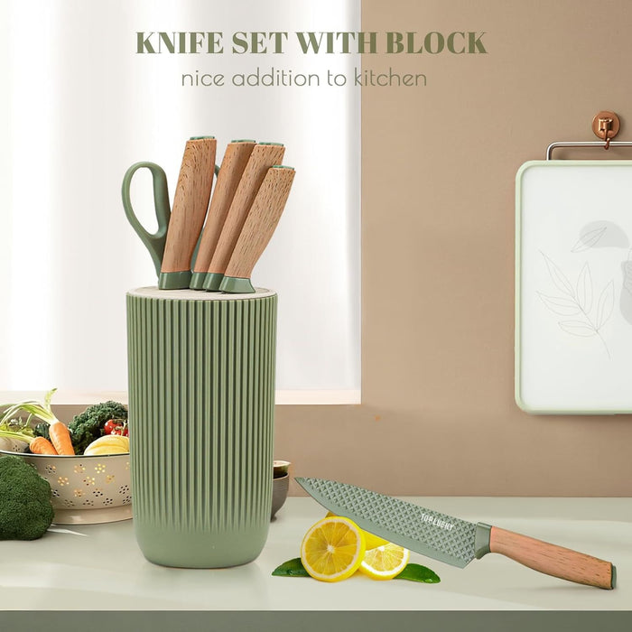 Kitchen Knife Set, 6 Pieces Green Professional Knife Set with Universal Knife Block, Super Sharp Knife Set with Ergonomic Handle, Non-stick Stainless Steel Knife Block Set