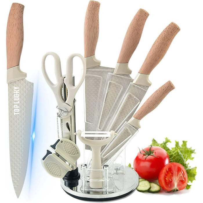 Kitchen Knife Set, 8-Pieces Khaki Sharp Chef Knife Set with Block, Knife Block Set with Diamond Grain Non-stick Knife Blade, Stainless Steel Cooking Knives Suitable for Home Restaurant Apartment